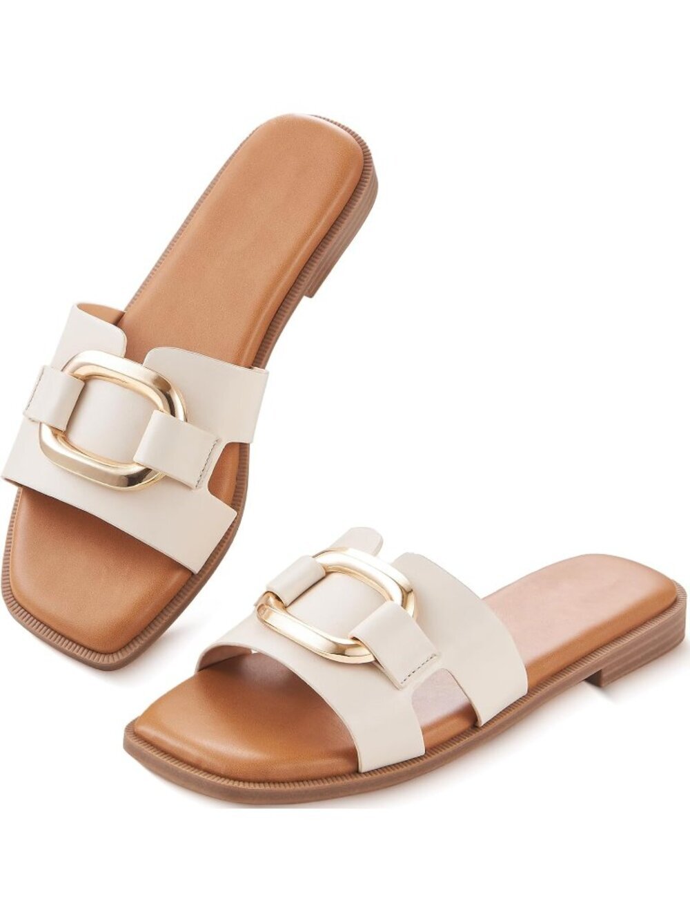 Women's Beige Slip On Flat Loafers Comfortable Square Open Casual Toe Leather